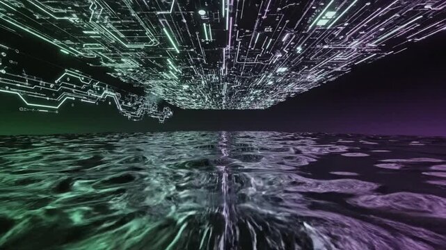 Digital art depicts glowing purple and green lines exploding over rippling water surface at dusk.