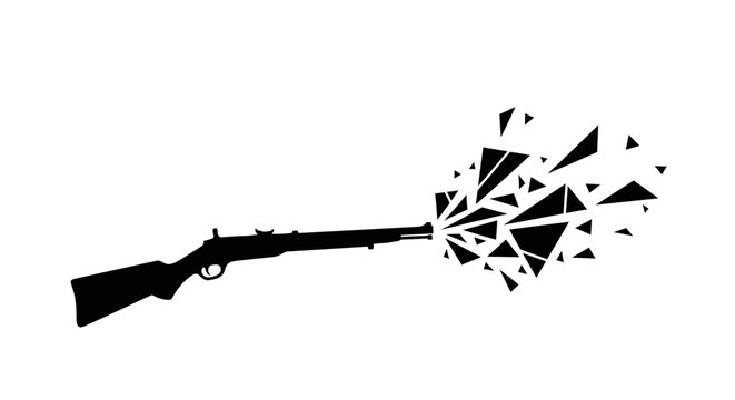 Silhouette of a vintage rifle firing with a geometric shattering effect.