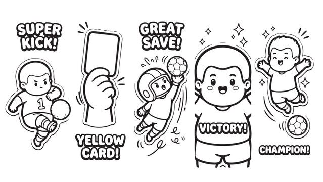 Vector illustration of cartoon soccer players and goalkeeper with motivational phrases like super kick, great save, victory, champion, and yellow card in a graphic design.