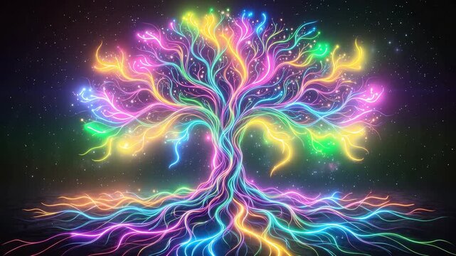 Glowing neon tree of life with vibrant colorful branches and roots against a dark starry cosmic background 4k video