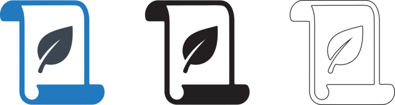 Eco scroll icon 3 icon concepts colour icon, solid icon, and line art transparent png sustainable document nature editable vector eps collection