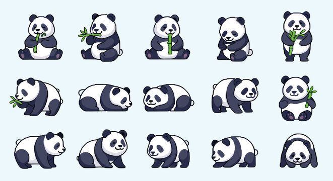 Adorable giant panda bears in various poses such as eating bamboo sleeping and walking in a charming cartoon illustration style.