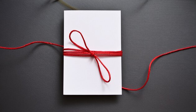 Vertical Composition Of A Blank White Card Mockup Tied With A Single Thin Bright Red String