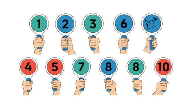 Collection of hands holding circular score paddles with numbers one to ten for judging competitions and sports events.