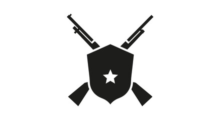 Naklejka premium Black silhouette icon of a shield with a star and crossed rifles.