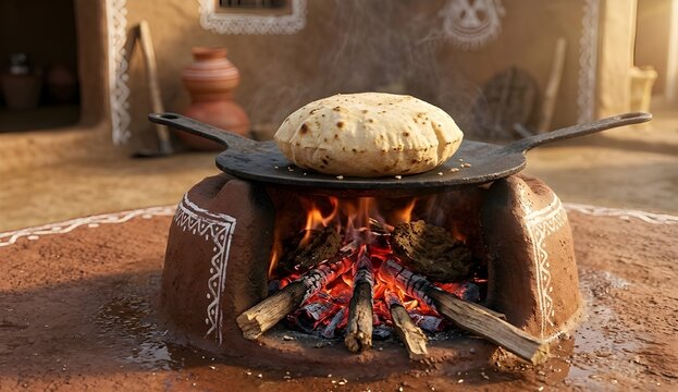 Traditional Indian clay stove with burning wood and a hot puffed roti on an iron tawa in a village courtyard