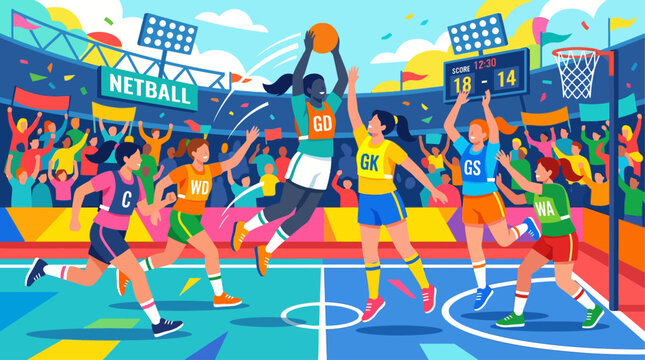 Netball players in action on court.