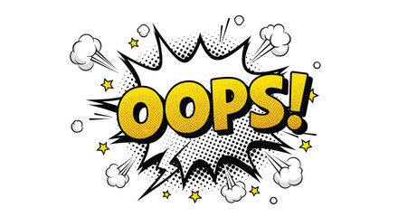 Fototapeta premium Comic book style pop art explosion with the word OOPS written in bold yellow letters surrounded by smoke clouds and stars.