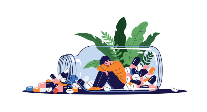 Conceptual illustration of a person feeling trapped or seeking refuge inside a large pill bottle filled with medication and green plants.