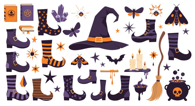 Collection of mystical and spooky items including witch hats, pointed boots, ancient books, candles, moths, and a bubbling magic cauldron.