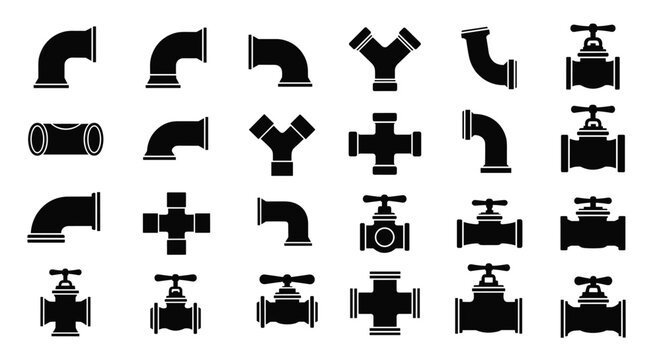 Comprehensive set of plumbing pipe silhouettes and valve icons representing different industrial and residential water system components.