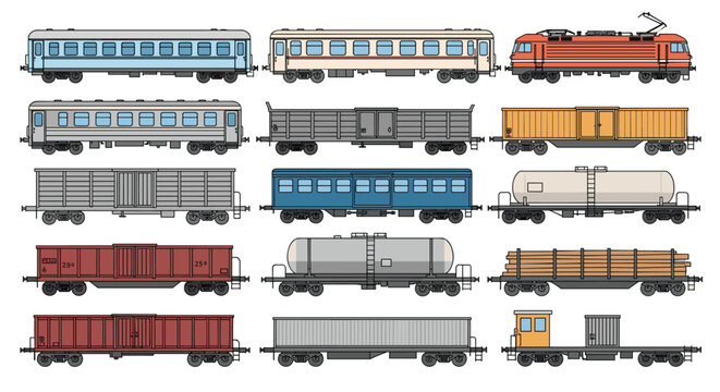 Extensive collection of train cars featuring locomotives, passenger carriages, cargo containers, tank cars, and flatbeds for railway transport.