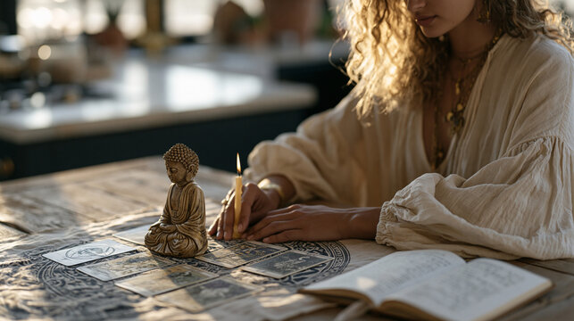 Young woman with a tarot card deck, a small Buddha statue, and a prayer journal spread across a kitchen table lights a ritual candle, blending secular wellness with spiritual symbolism in a personal