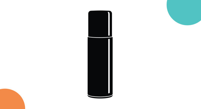 Black silhouette of a vertical spray can or thermos bottle presented in the center of a clean background with decorative colored circles.