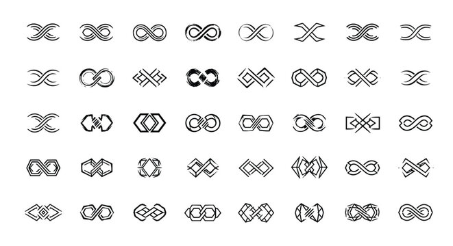 Extensive collection of infinity symbol variations featuring different styles, thicknesses, patterns, and artistic interpretations in black ink.