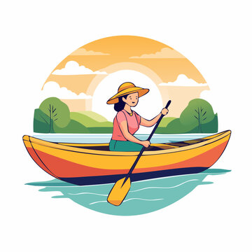 Woman Canoeing on a Lake at Sunset