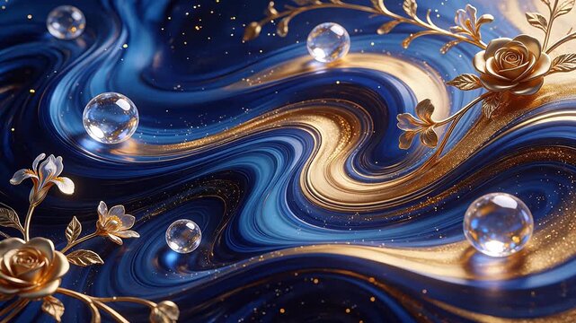 Blue and gold abstract with flowers