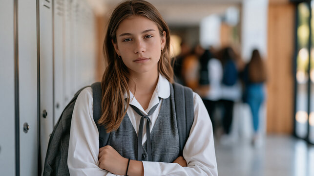 Teenage girl in school uniform clutches a full backpack near metal lockers, shoulders tense, eyes scanning a crowded hallway on the first day of classes, back to school anxiety tangible as older stu