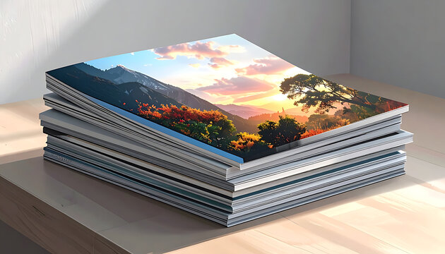 Stack of landscape magazines showcasing autumn sunset mountain scenery with trees and colorful foliage, natural light