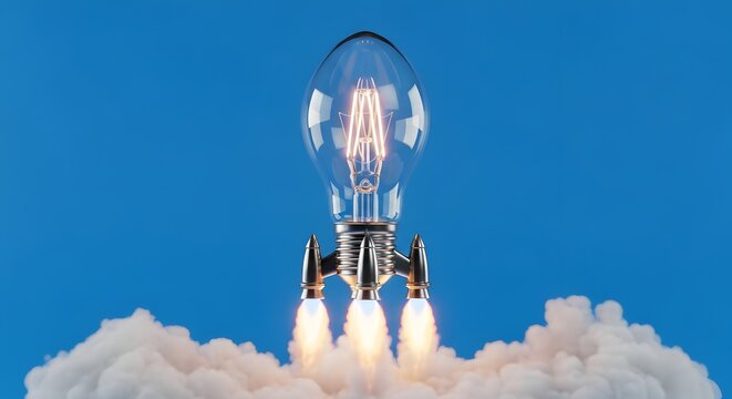 Light bulb rocket launching with smoke and blue sky
