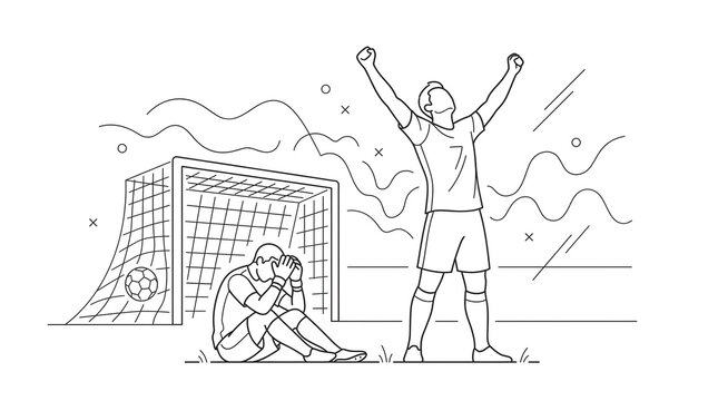 Winning soccer player celebrates a goal while opposing goalkeeper sits defeated by net in stadium.
