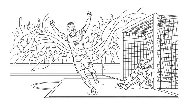 Soccer player celebrates scoring a goal while defeated goalkeeper sits by net, stadium crowd cheering.