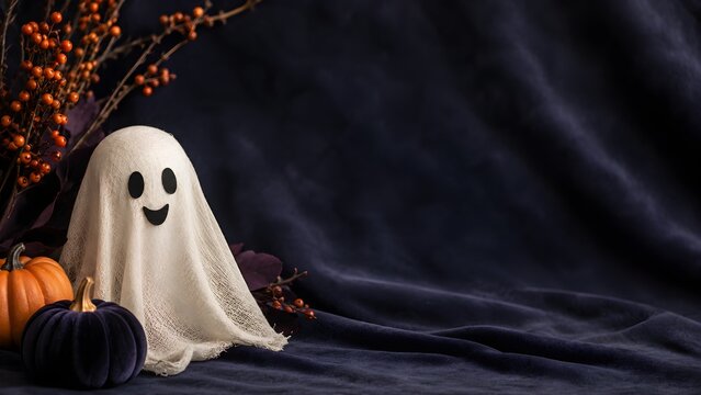 Soft white ghost smiles gently beside pumpkins. Dark fabric drapes behind, deep and rich. Tiny orange berries add seasonal charm. Perfect for Halloween-themed designs or cozy decor