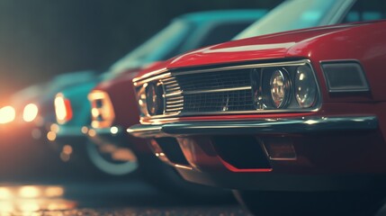 Naklejka premium Classic cars parked in a row, with a red car in the foreground and blurred cars in the background, creating a sense of depth and nostalgia for vintage automobiles