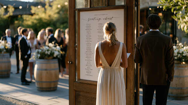 Hand-lettered seating chart mounted on vintage window frame at vineyard wedding entrance, guests in formal attire studying table assignments, wine barrel arrangements flanking display, late afternoo