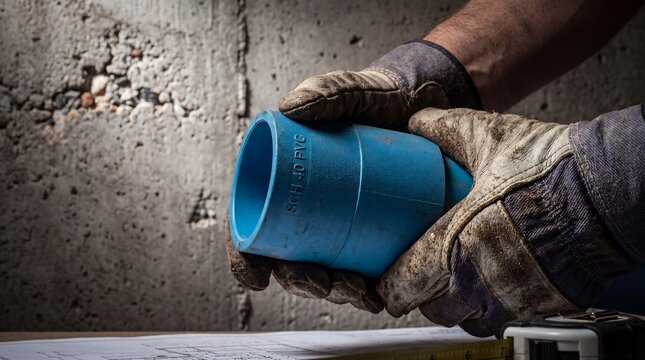 Worker in Gloves Holding Blue SCH 40 PVC Pipe Fitting Over Blueprints