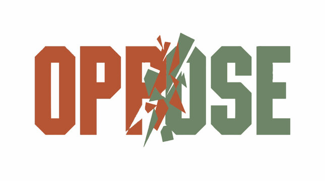 Oppose word typography with shattered letter P in a flat vector illustration style featuring a split design with terracotta and sage green color palette