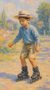 Vintage roller skating boy painting mobile wallpaper