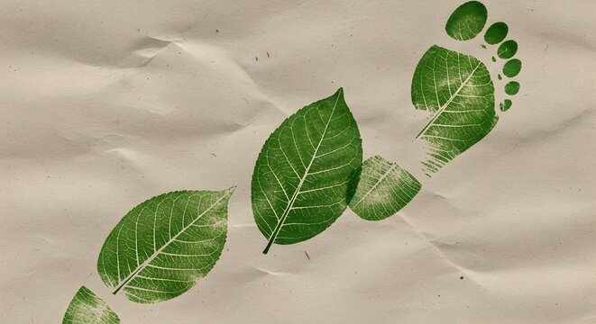 Green leaf footprint on textured recycled paper