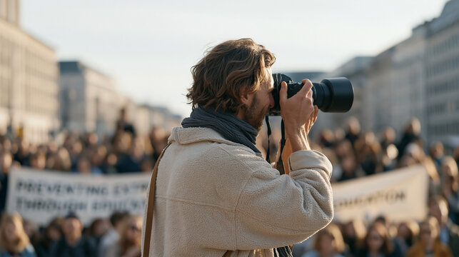 Documentary photographer holds up a camera in a crowd at a public rally about deradicalization, a banner reading preventing extremism through education visible in the background, urban buildings fla