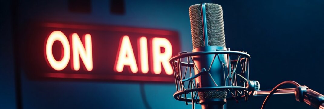 Condenser microphone is recording audio in dimly lit radio studio with glowing red on air sign, creating atmosphere of live broadcast and capturing high quality sound