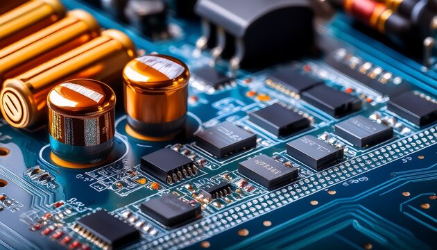 close up macro shot of electrolytic capacitors and resistors populating a surface mount circuit board highlighting electronic components