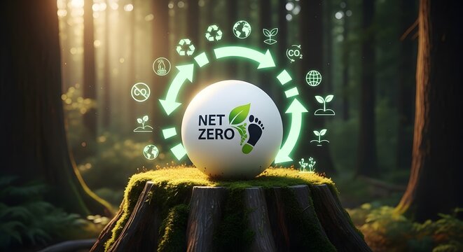 Net zero carbon footprint concept with eco icons in forest
