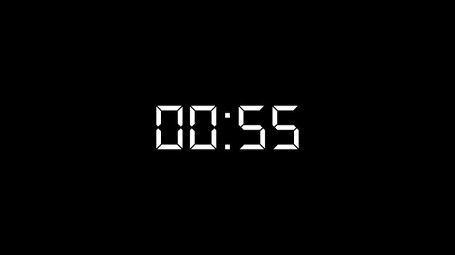 1 Minute countdown animation on black background. Digital Countdown timer one minute animation from 60to0 seconds on transparent background.1 minutes countdown timer animation.