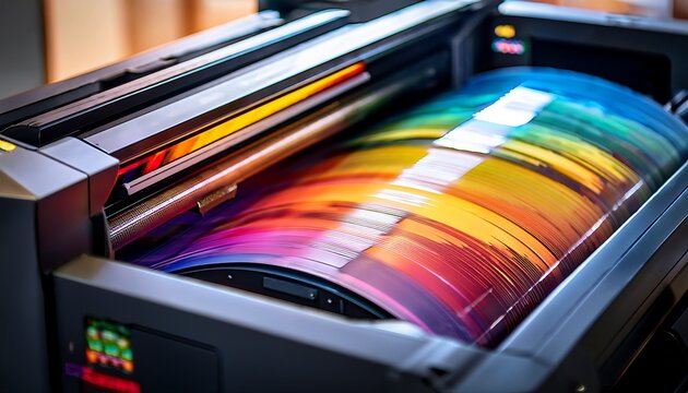 close up of a high quality printer in action producing vibrant colorful prints with precise detail ideal for professional printing services and graphic design projects