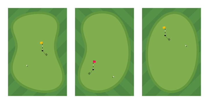 Golf course illustrations. Set of flat style vector illustration of golf course with putting green and flag. Golf course illustration for golfing poster, landing page, web banner.