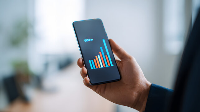 Smartphone chart mobile analytics bar graph data visualization business report hand holding office background financial growth