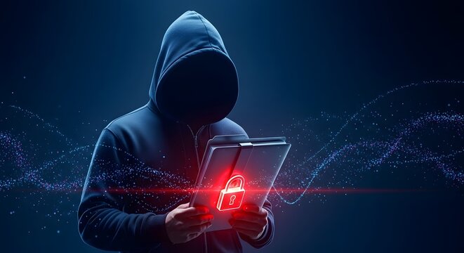 Anonymous hacker in dark hoodie with glowing red padlock on tablet