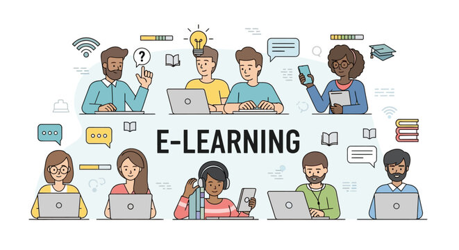 Diverse people using technology for online education and digital learning