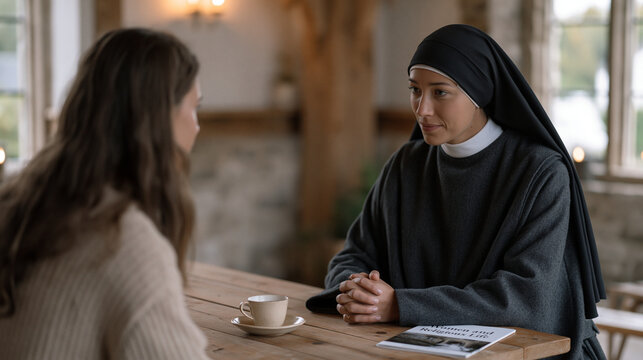 Abbess in a modern habit sits across from a young woman in street clothes during a vocational discernment meeting, a simple wooden table between them, a cup of tea and a brochure titled women and re