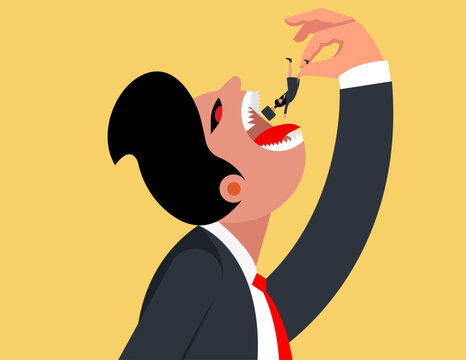 Giant businessman devouring a small business rival. Big fish eats small fish business concept.