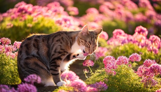 Gato Marmoleado Lamiendose En Campo De Flores Mirando Hacia El Suelo Kioto Japon