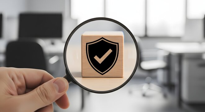 Security check concept, shield icon on wooden cube under magnifying glass