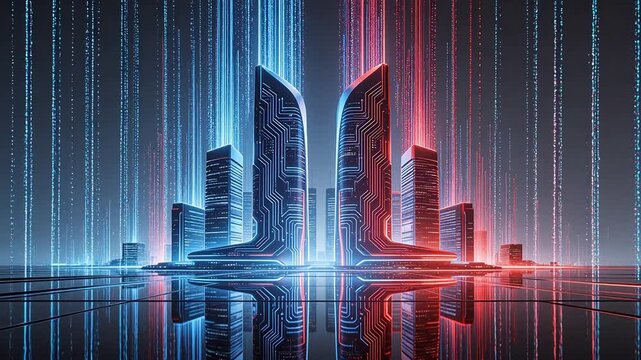 Futuristic cityscape with glowing towers