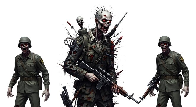 Zombie soldiers armed and ready for combat, a post-apocalyptic battle scene with undead warriors