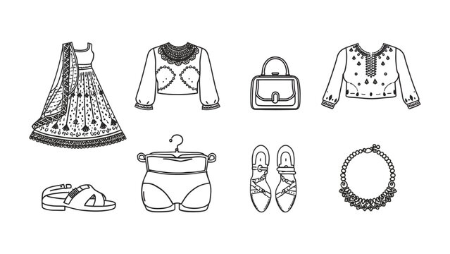 Indian Traditional Attire Sketch: A collection of hand-drawn sketches showcasing traditional Indian clothing and accessories, including a lehenga, choli tops, a handbag, sandals, and jewelry.